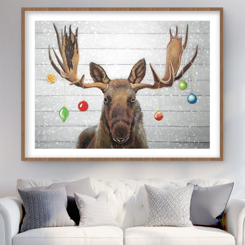 «Moose Has Christmas Balls» - reproduction encadrée de chambre à coucher rustique, Brun