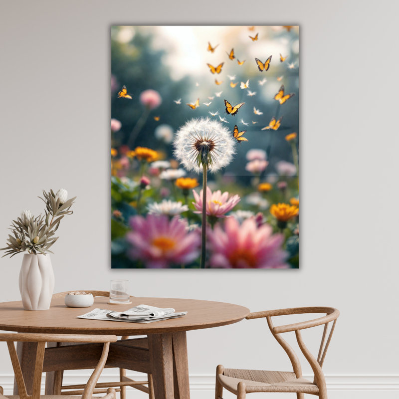 Décoration murale pissenlit papillon en verre trempé, H 40 po x l 30 po