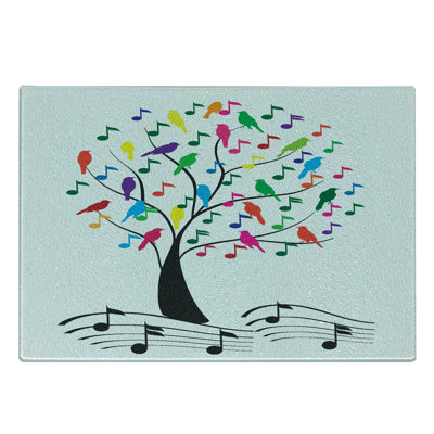 Ambesonne Music Tempered Glass Cutting Board Tree with Notes Happiness Multicolor