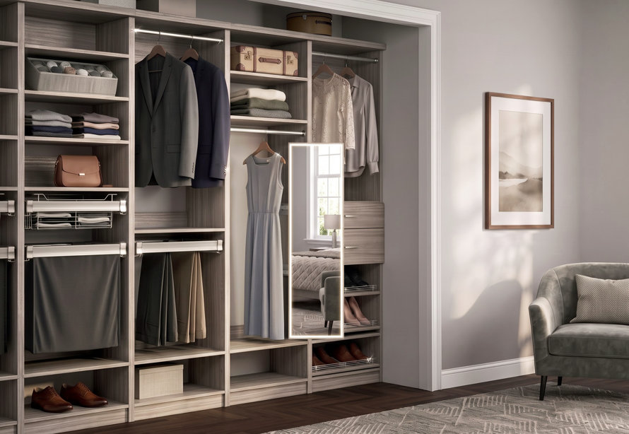 Custom wooden walk-in closet system with hanging rods, adjustable shelving, drawers, and a built-in vertical LED mirror, featuring an organized display of clothing, accessories, and shoes.