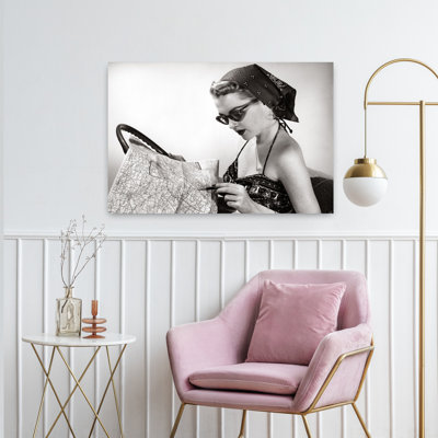 1950S Woman Wearing Bandana Sunglasses & Halter Top Marking Road Map Classic Retro Vintage Wall Art