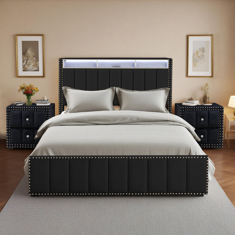 Ensemble de chambre à coucher 3 pièces, cadre de lit rembourré avec station de charge et lumière DEL et deux tables de chevet