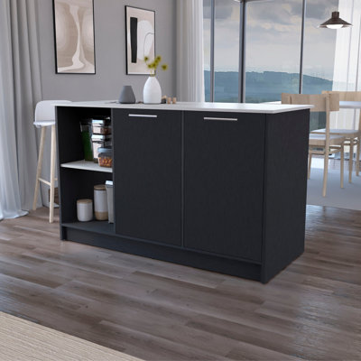 Noir et îlot de cuisine avec comptoir de l 59 po x P 25,1 po, largeur de 24,59 po et options de rangement polyvalentes