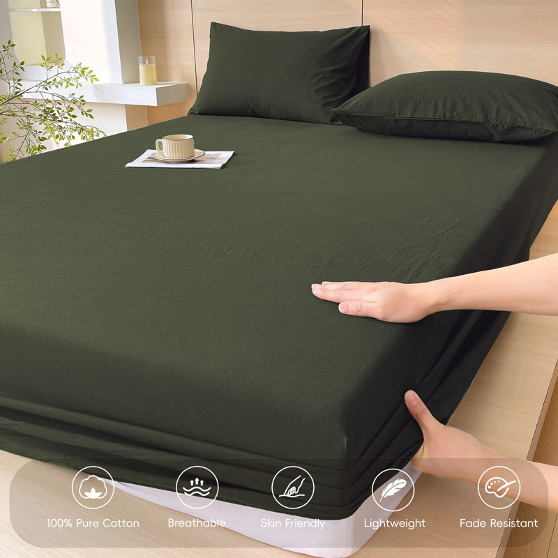 Moomee Fitted Sheet with Pillowcases 3-Piece Set 100% Washed Cotton Linen Like Textured, Olive Green