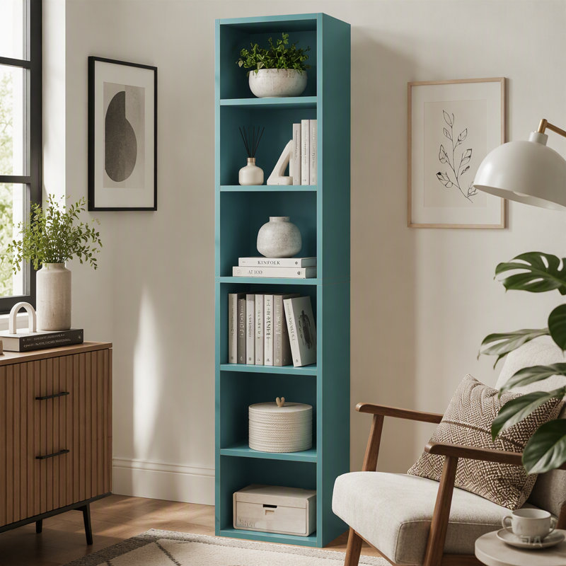 Bibliothèque de coin de 70,9 pouces, étagères cubiques étroites modernes à 6 niveaux, Bleu
