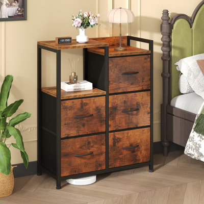 5-Drawer Fabric Dresser with 2-Tier Shelf, Black Storage Unit for Bedroom, Closet, Hallway