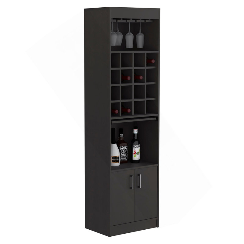 Armoire de bar Kava, 16 porte-bouteilles encastrés, armoire à deux portes, deux tablettes, noir, Noir