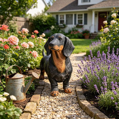 Realistic Resin Black and Tan Dachshund Statue for Outdoor Patio Yard Deck