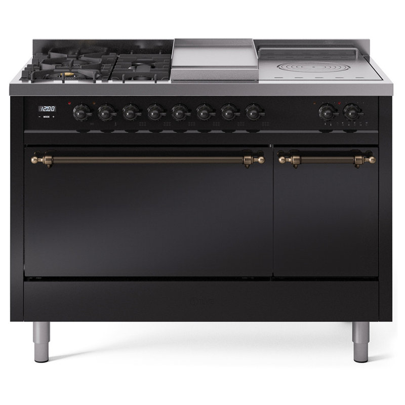 ILVE Nostalgie II 48 in Dual Fuel Range, 5 Burner, Griddle, Frenchtop, Liquid Propane, Glossy Black/Bronze
