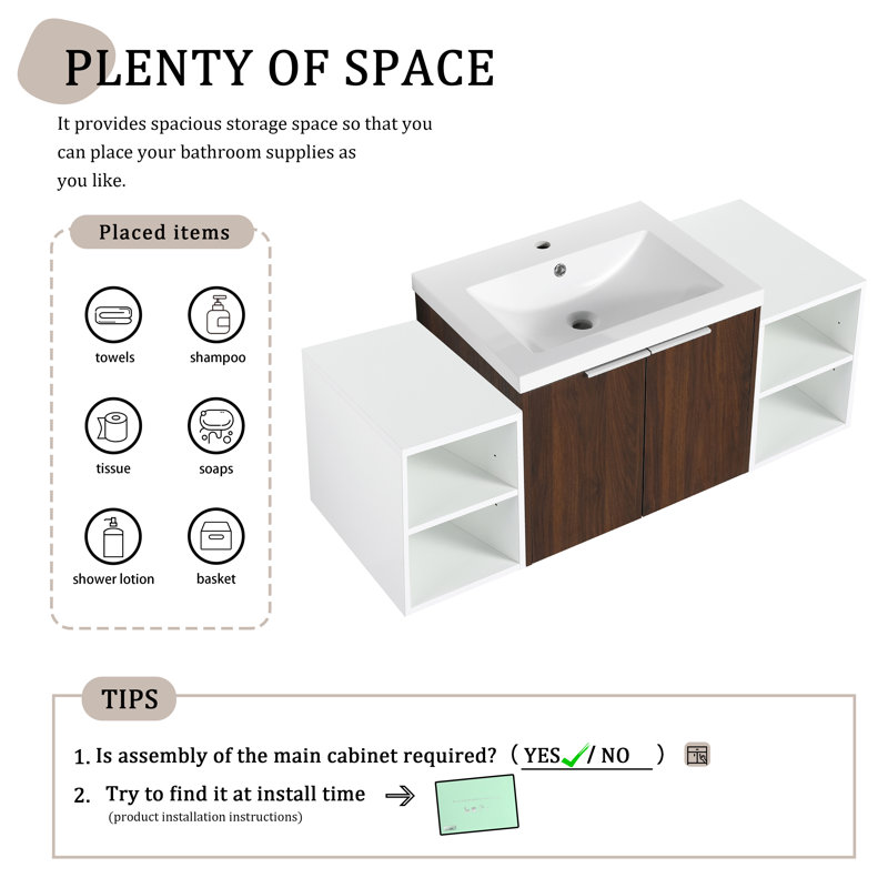 Meuble-lavabo mural simple 48 po avec plateau en résine, Brun