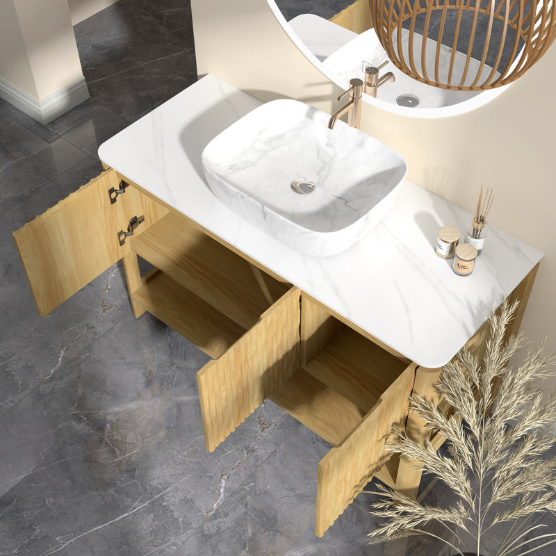 Meuble-lavabo autoportant en contreplaqué avec plateau en pierre frittée, portes en bambou et tablette ouverte, L 48 po