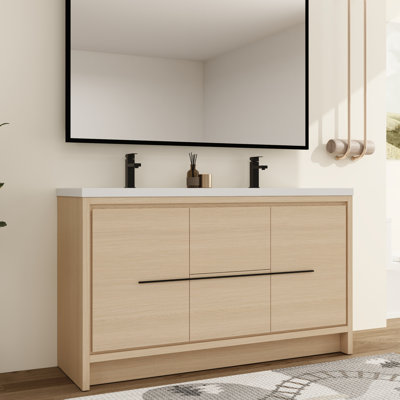 Ensemble de meuble-lavabo double autoportant 60 po avec plateau en résine Xarnby, ensemble de meuble-lavabo double 60 po avec lavabo en résine