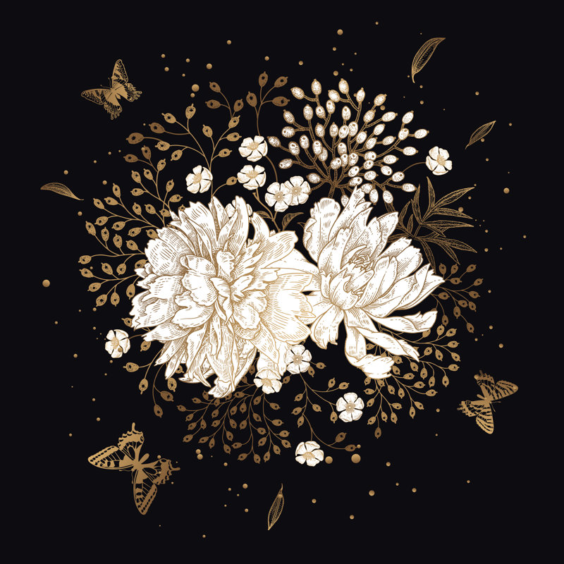 "Inkom pivoines et papillons sur toile" par Marinavorontsova, impression, H 12 po x l 12 po