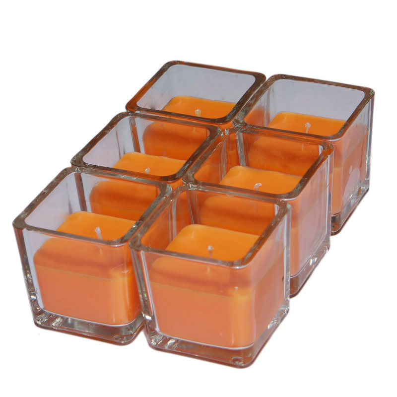 Bougie votive carrée en verre sans parfum, Orange, Ensemble de 12