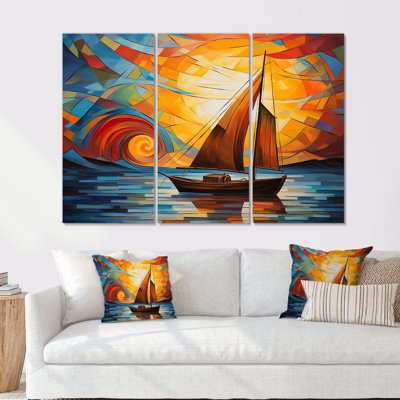 Lever de soleil coloré bateau à voile sur l'océan III - ensemble d'art mural de bateau à voile