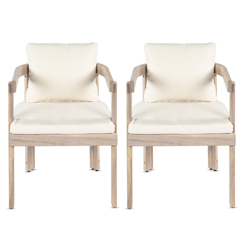 Ensemble de 2 chaises de salle à manger en bois d'acacia, fauteuils avec coussins crème, fauteuil d'appoint en tonneau, ensemble de chaises d'appoint de cuisine confortables pour balcon, cour, jardin