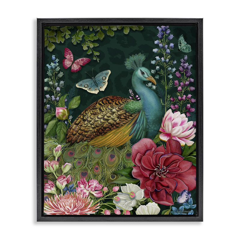 Cadre flottant Wild Garden Peacock, design par Nicole Tamarin, Cadre flottant noir de jais, H 21 po x l 17 po