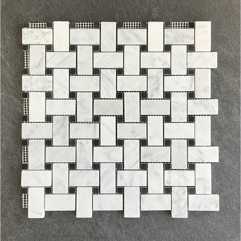 Carreau de mosaïque en marbre 1 po x 2 po, Blanc Carrara / noir