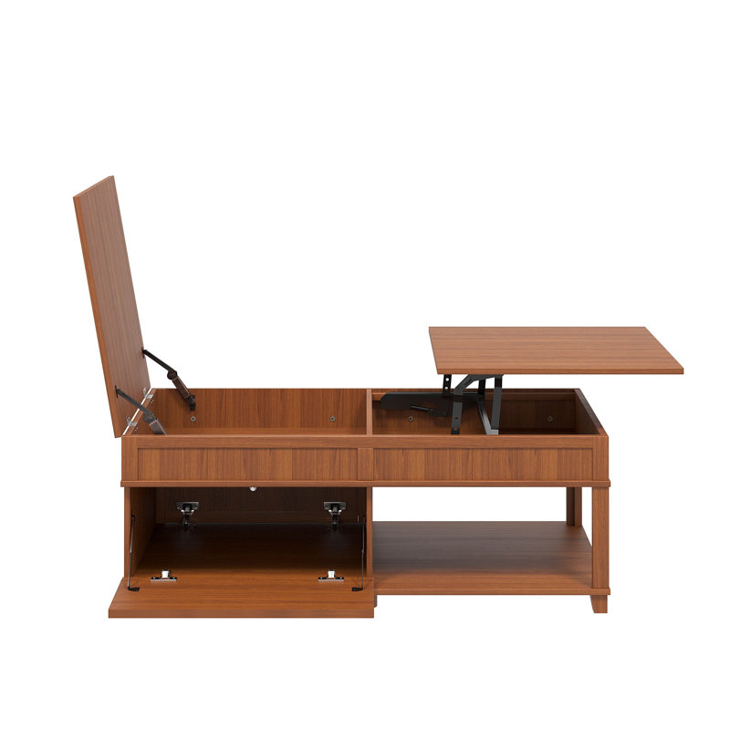 Table basse à plateau relevable avec rangement caché et tablettes ouvertes - Bureau à hauteur réglable pour le salon, brun abricot