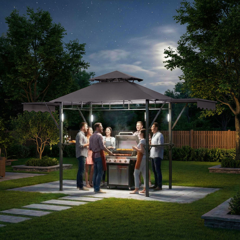 13' x 4' BBQ Grill Gazebo with Double-Tier Vented Canopy, Adjustable Side Awnings, LED Lights, Hooks & Bottle Opener – Heavy-Duty Steel Frame Outdoor Patio, Garden, or Beach Shelter