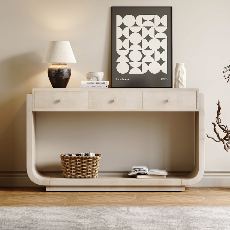 Console antique, 3 tiroirs, pieds courbés, placage de paulownia pour le vestibule - beige