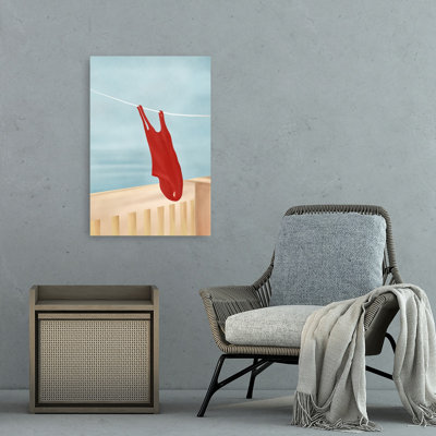 Red Swimsuit On Balcony Minimalist Peaceful Serene Coastal Wall Art Print