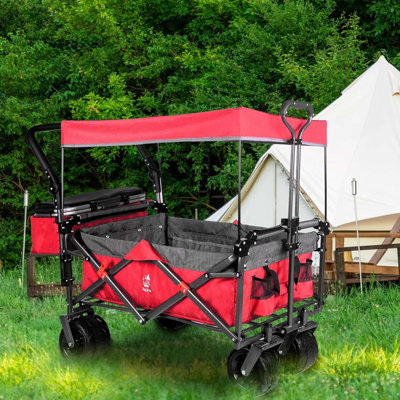 Collapsible Wagon 140L Wagons Carts Foldable With Removable Canopy,Folding Wagon Cart With Wheels For All-Terrain With Brake,Foldable Wagon With Cooler Bag,For Camping Beach Shopping