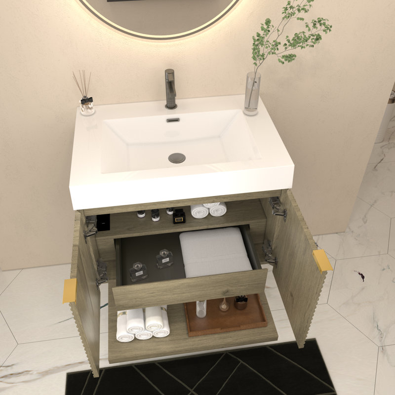 Ensemble de meuble-lavabo mural 30 pouces avec portes et tiroir intérieur Stella, Chêne blanc