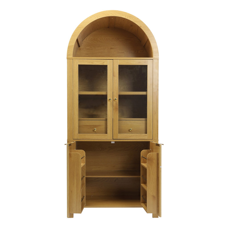 Grand garde-manger arqué cannelé avec tablettes réglables, rangement élégant avec tiroir caché et porte vitrée pour la cuisine, le salon, la salle à manger