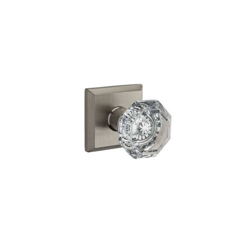 Crystal Single Dummy Door Knob with Traditional Square Rose, Satin Nickel