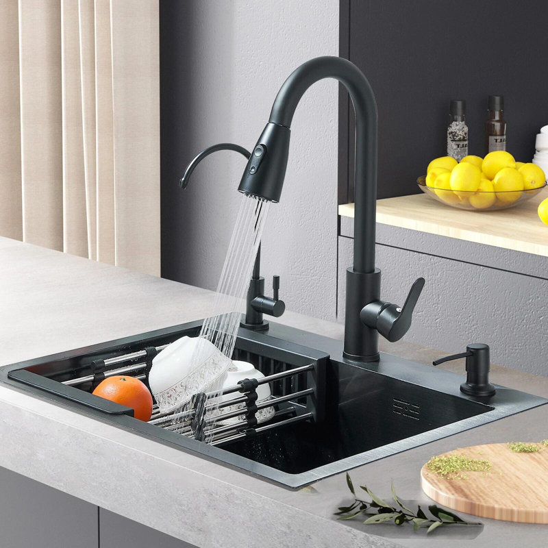 21.7 in Kitchen Sink Stainless Steel Single Bowl Sink with Pulldown Faucet, Matte Black