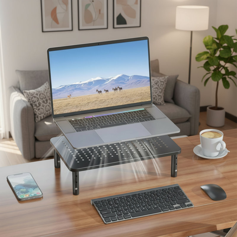 Support pour écran réglable avec espace de rangement, adapté pour le bureau et la maison, paquet simple noir.