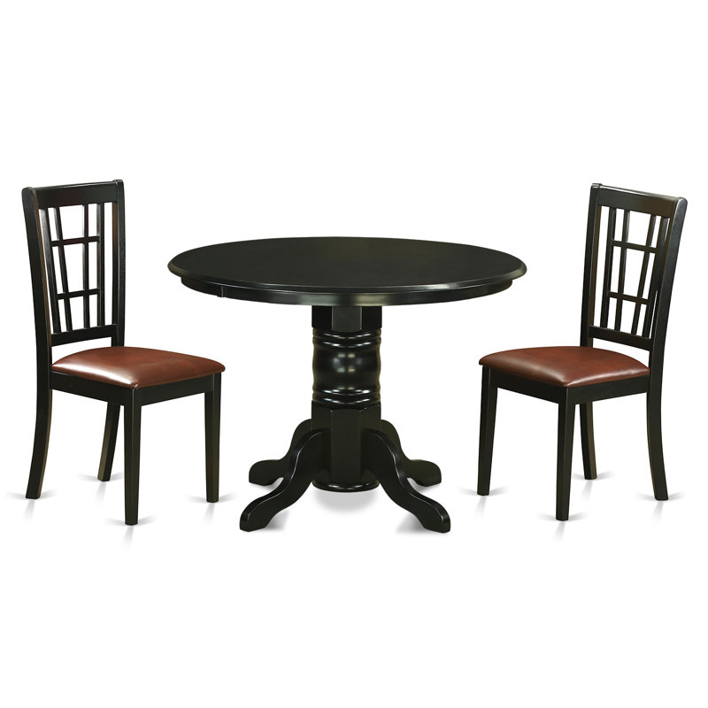 3 Piece Kitchen Table Set for Small Spaces Contains a Round Dining Table with Pedestal and 2 Faux Leather Dining Room Chairs, Black
