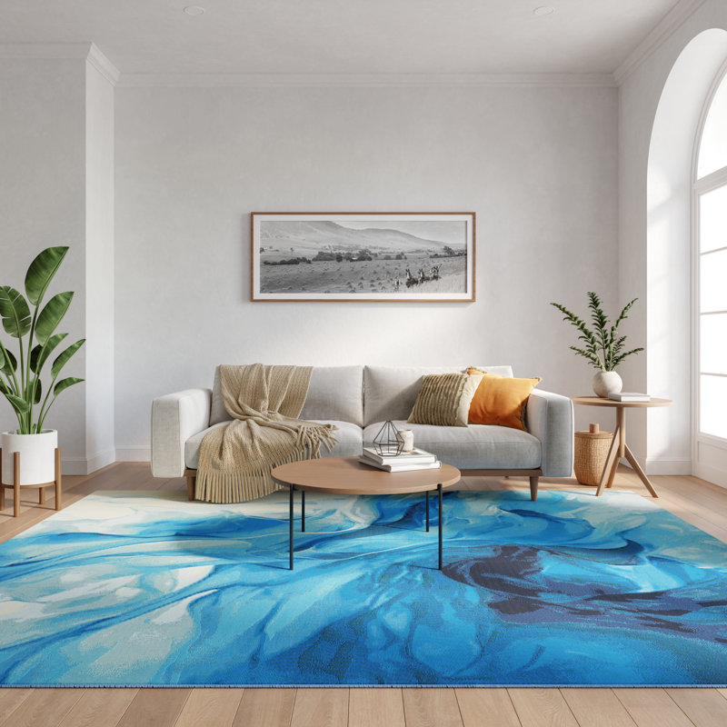Tapis moderne ivoire bleu 9 pi 10 po x 13 pi 2 po Woodroe, Rectangle 9 pi 10 po x 13 pi 2 po