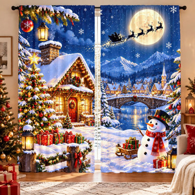 2 pièces, rideaux filtrant la lumière du père Noël, bonhomme de neige, scène festive, protection de la vie privée, passe-tringle, lavable à la machine, pour le salon, la chambre à coucher, décoration de fenêtre