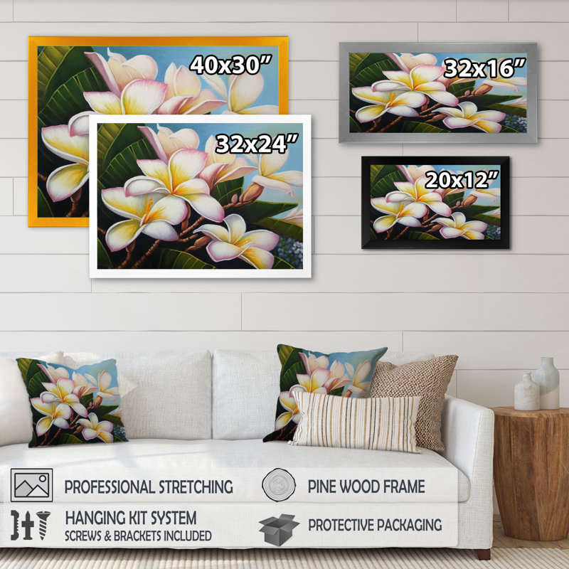 «White and Yellow Blossoming Plumeria I», reproduction sur toile, H 12 po x l 20 po x P 1 po