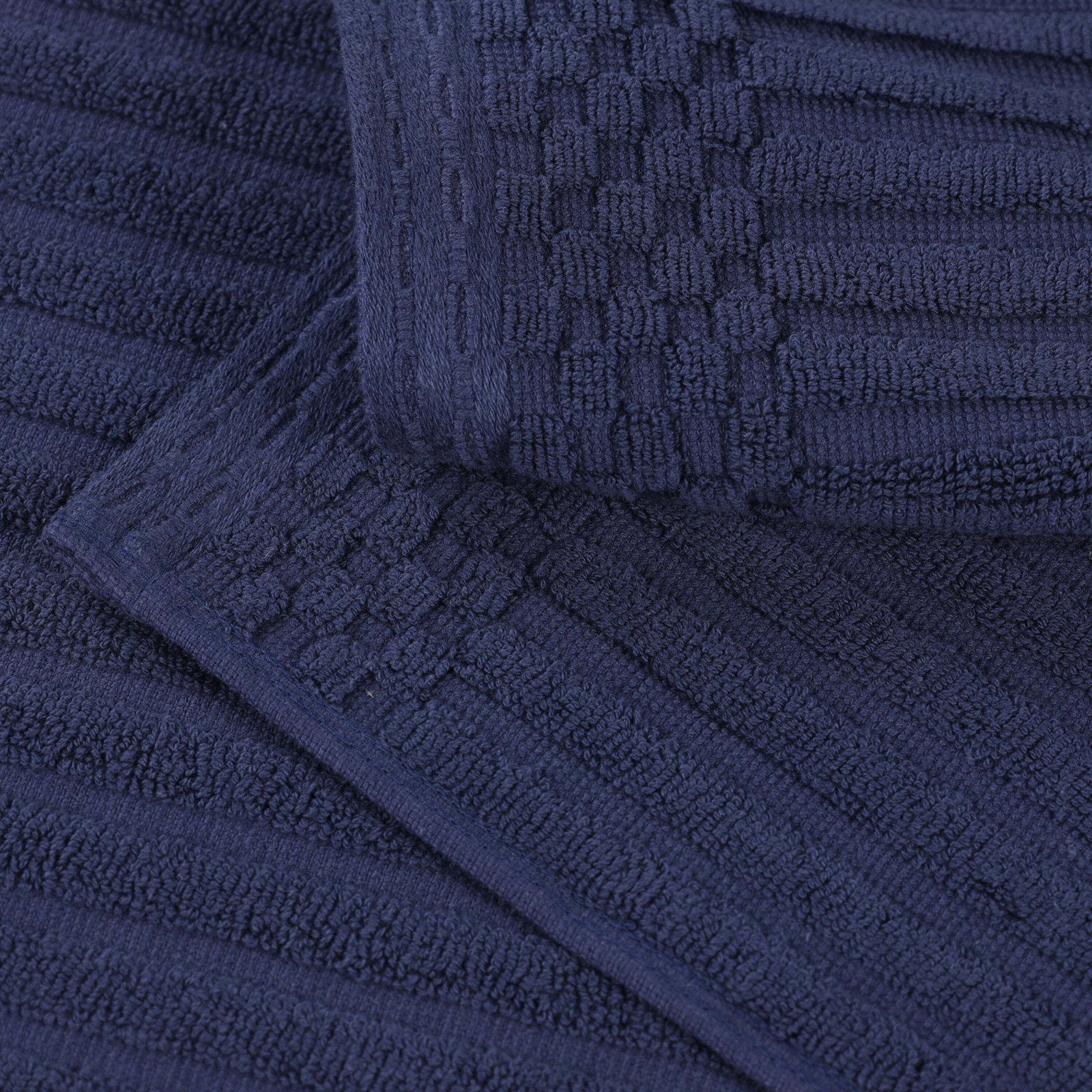 8-Piece Checkered Border Cotton Towel Set, Navy Blue, 3 Piece Towel set (1-bath, 1-hand, 1-face)