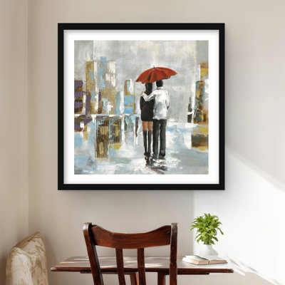 Couple marchant sous un parapluie - chambre à coucher grise, reproduction encadrée