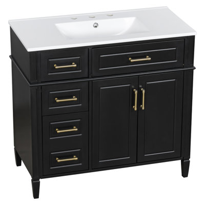 Meuble-lavabo autoportant de 36 po avec lavabo en céramique, armoire moderne simple en bois de pin et en bois aggloméré, 4 tiroirs, 2 portes à fermeture en douceur, quincaillerie dorée, assemblage facile