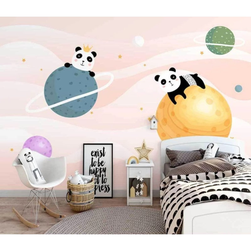 Planètes et pandas sur fond rose, L 9 po x l 15 po