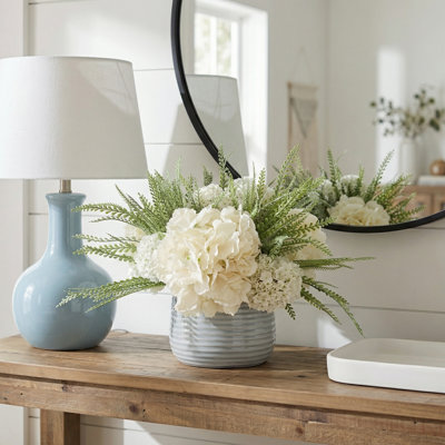 Hydrangeas and Viburnum Arranged in Ceramic Vase with Ferns