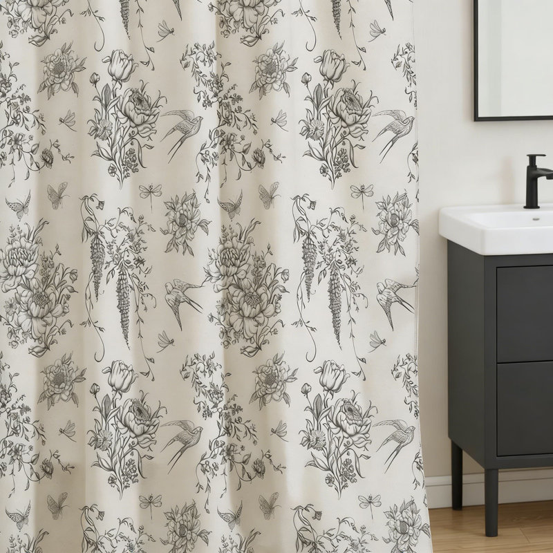 Rideau de douche en coton à motif floral hirondelle, Gris