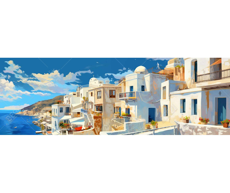 Grèce, chambre à coucher, toile - bleu, décoration intérieure contemporaine, H 48 po x l 16 po