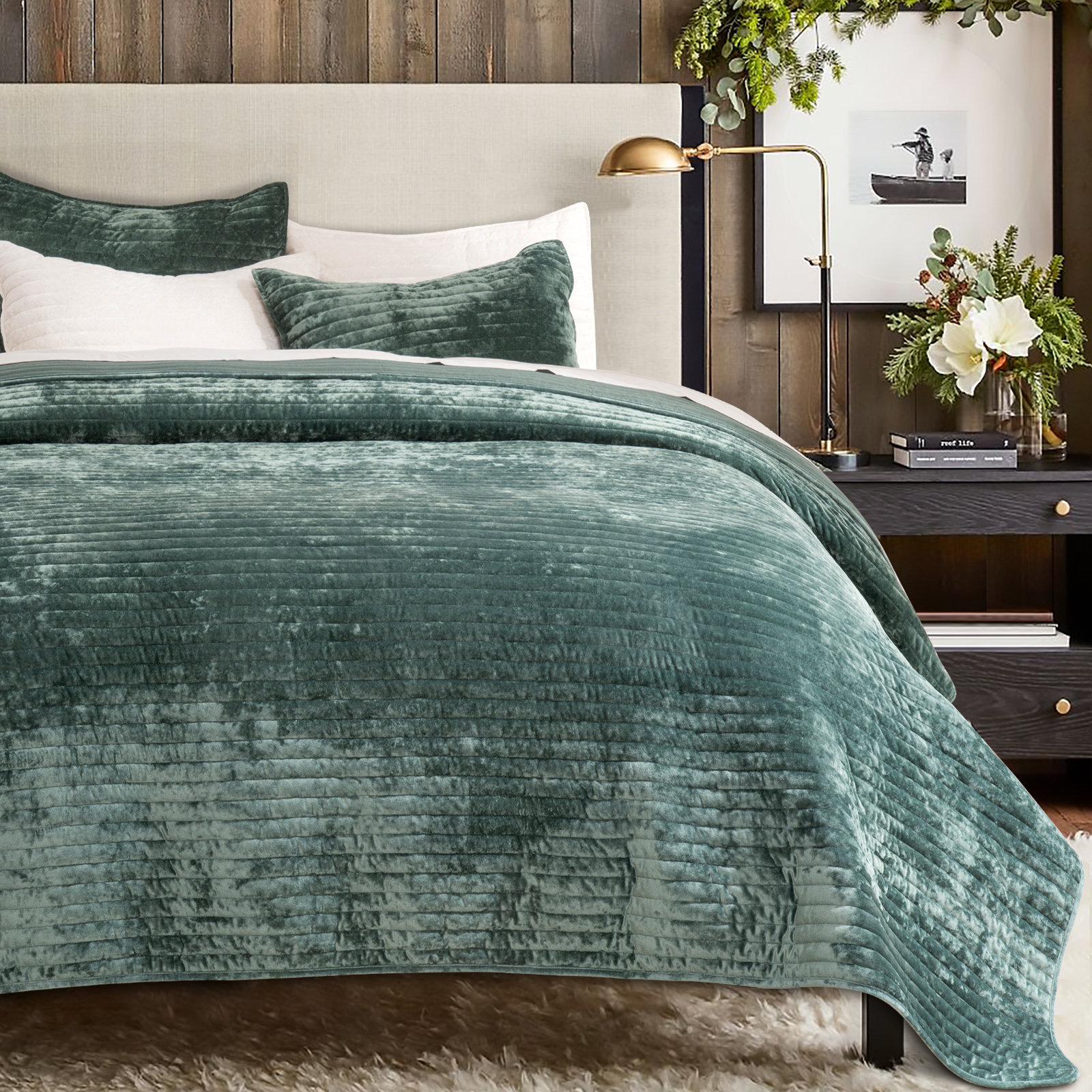 Luxe Velvet Channel Quilt Set, Queen, Dark Green