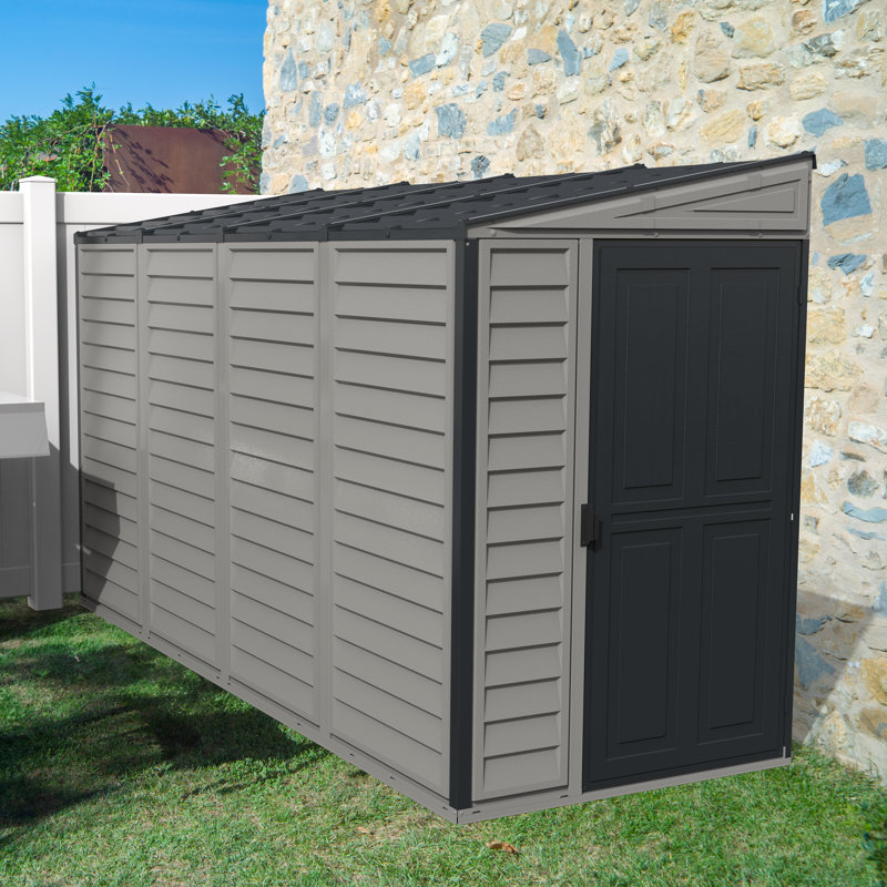 Durable Gray Vinyl Lean-To Storage Shed with Shelving Kit