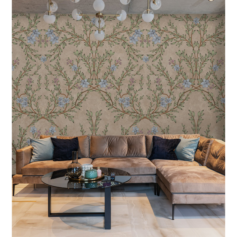 Murale rétro à motif de fleurs bleues rétro, Beige, L 110,04 po x l 204 po