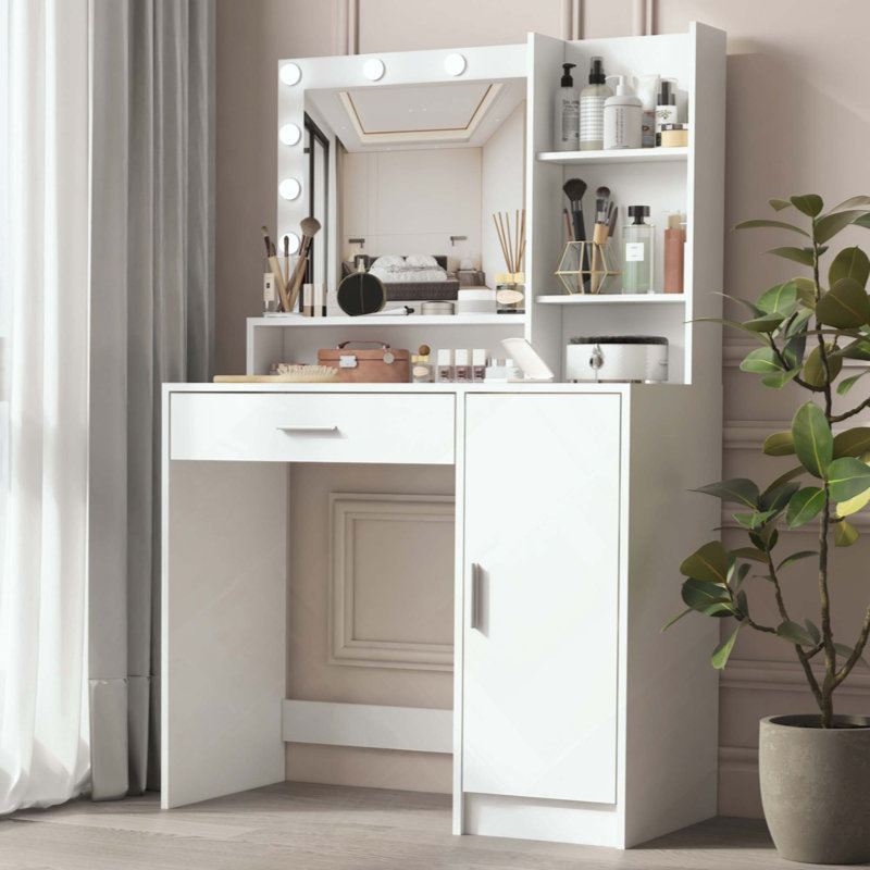 Bureau de coiffeuse avec miroir et lumière, commode de rangement à trois niveaux avec grand tiroir, 3 modes d'éclairage à luminosité réglable, coiffeuse de chambre à coucher