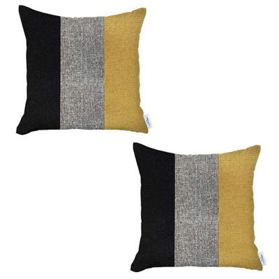 Set Of Two 18" X 18" Black And Yellow Geometric Zippered Handmade Polyester Throw Pillow