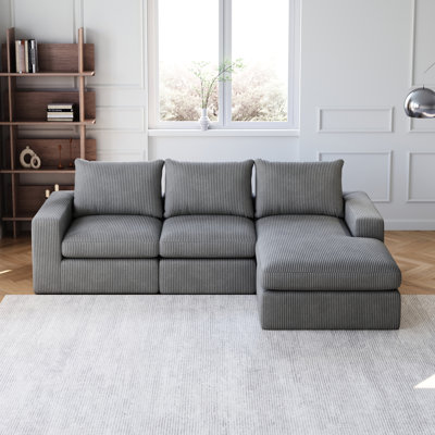 99 - Inch Boneless Corduroy Sectional With Three Pillows, High Resilience Double Cushions, Neck Pillow For Relaxed Sitting, Slow Rebound Density Sponge Particles, Iron Supported Module, No