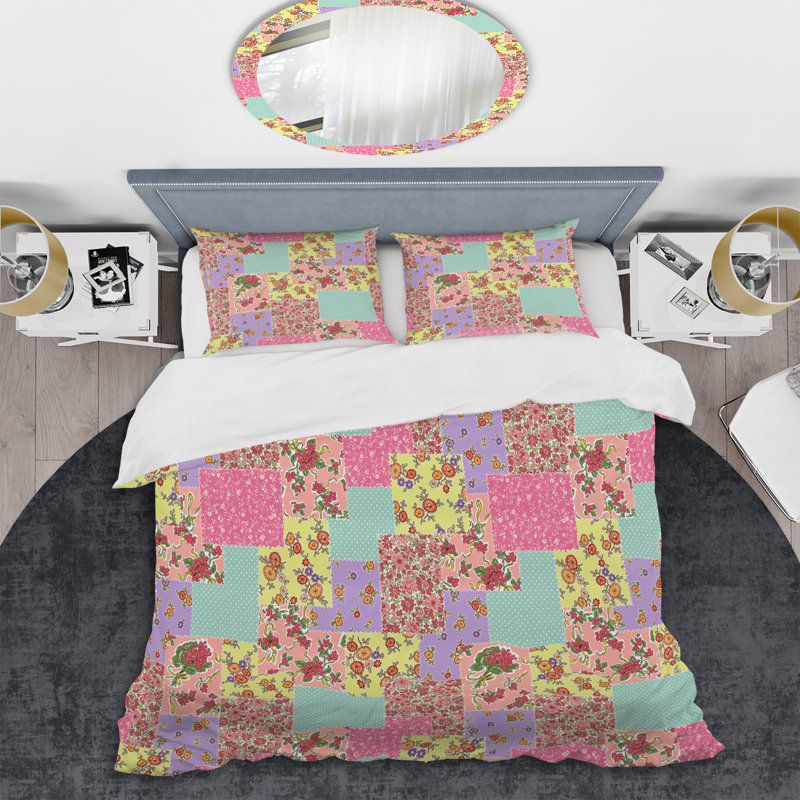 Multicolor Floral Patchwork - Abstract Duvet Cover Set - Microfiber Polyester, King Duvet Cover + 2 King Shams